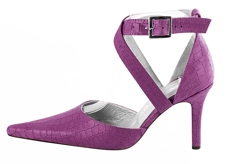 Mauve purple women's open side shoes, with crossed straps. Pointed toe. High slim heel. Profile view - Florence KOOIJMAN